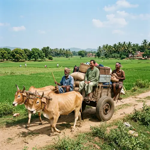 South Asian Men Riding Bull Cart Through Rural Setting