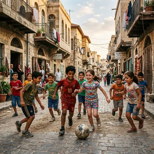 Middle Eastern Children Playing Soccer in Vibrant Street Scene