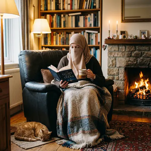 Muslim Woman Relaxing with Book and Coffee in Cozy Setting