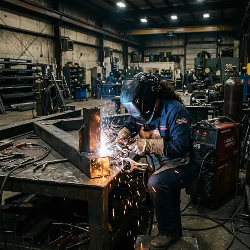 Female Hispanic Welder at Work - Sparks Flying