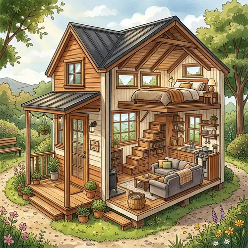 Charming Loft-Style Tiny House Illustration