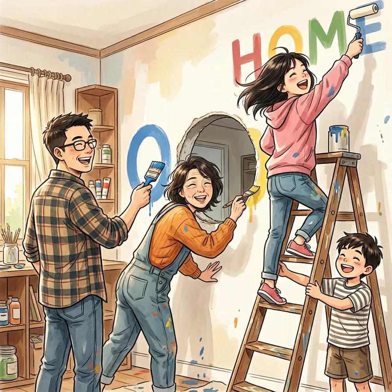 Joyful Family Painting: A Slice of Life Anime Scene