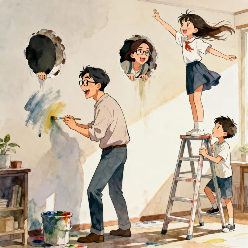 Joyful Family Painting: A Slice of Life Anime Scene