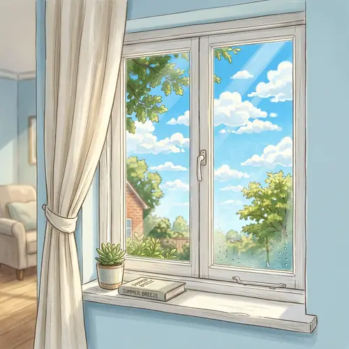 Tranquil Window Scene with Blue Sky and Clouds Reflection