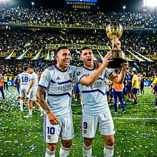 Boca Juniors Football Players Celebrate Victory with Trophy