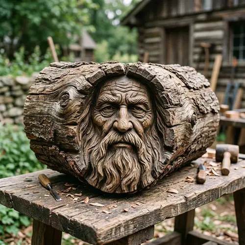 Old Man Face Carved in Log Art