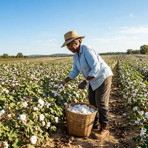 Black Cotton Picker in a Vast Field