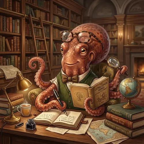 Intellectual Octopus with Glasses Art