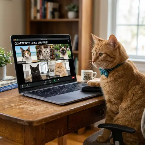 Ginger Cat Leads Virtual Meeting with Diverse Feline Participants
