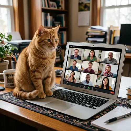 Fluffy Orange Tabby Cat in Online Meeting