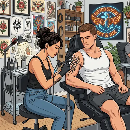 Diverse Tattoo Artist Inking Tribal Design on Muscular Customer