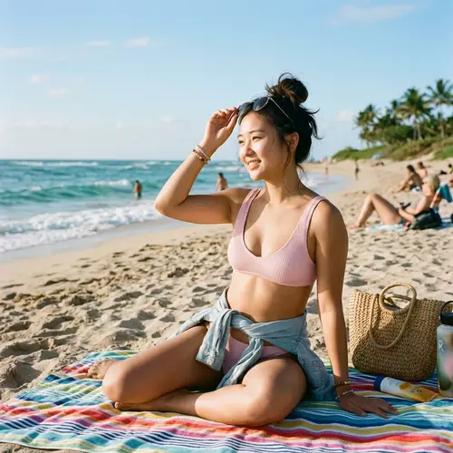 Cute Asian Woman in Pink Bikini at the Beach