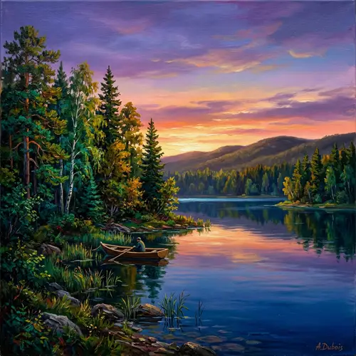 Oil-Painted Serene Forest by Calm Lake