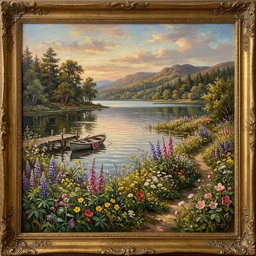 Vintage Oil Painted Portrait of Flowers and Lake