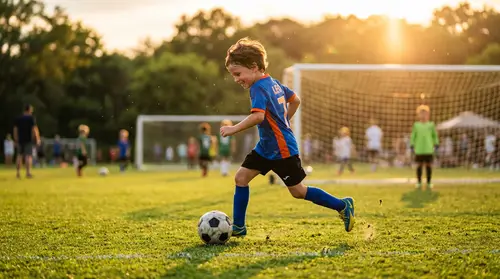 Joyful Young Boy Playing Soccer in Golden Light