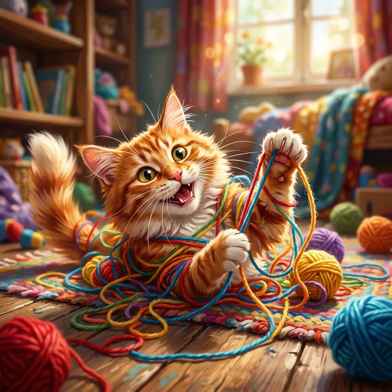 Mischievous Cat Playing with Yarn - Exaggerated and Whimsical Digital Art Mischievous Cat Playing with Yarn - Exaggerated and Whimsical Digital Art