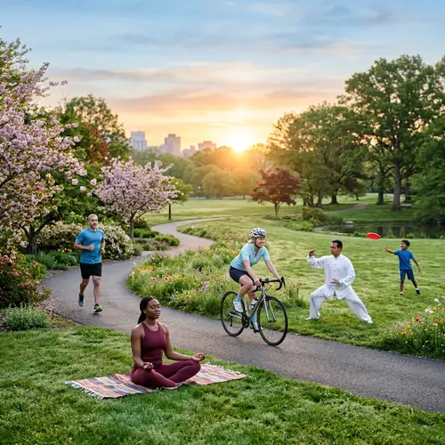 Diverse Scenes of Serenity in Green Park at Dawn