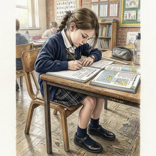 Mischievous Girl Studying at Her School Desk