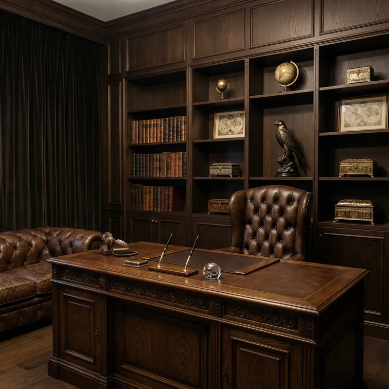Gangster Boss Office: Dark Wood & Leather Decor Gangster Boss Office: Dark Wood & Leather Decor