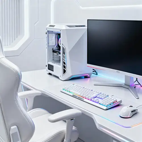 Futuristic White Gaming Setup with RGB Lighting