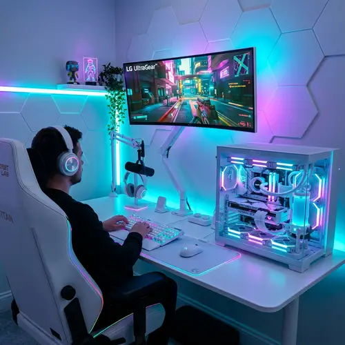 Futuristic White Gaming Setup with RGB Lighting