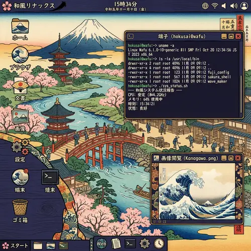 Japanese Style Linux Operating System Interface with Traditional Aesthetics