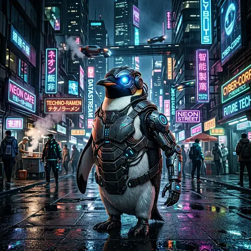 Cyberpunk Penguin in Futuristic Cityscape