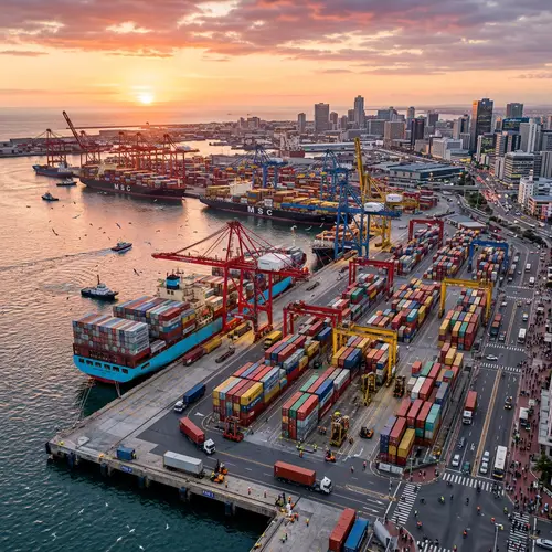 Bustling Port Terminal with Ships, Cranes, and City Vista