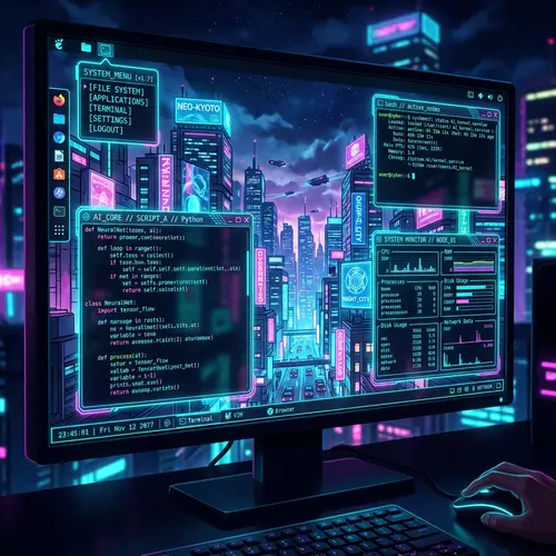 Futuristic Cyberpunk Linux OS Interface Digital Painting