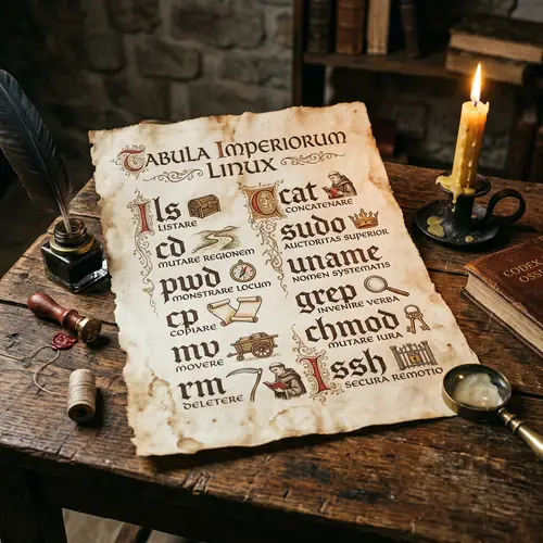 Vintage Illustrated Linux Commands on Parchment