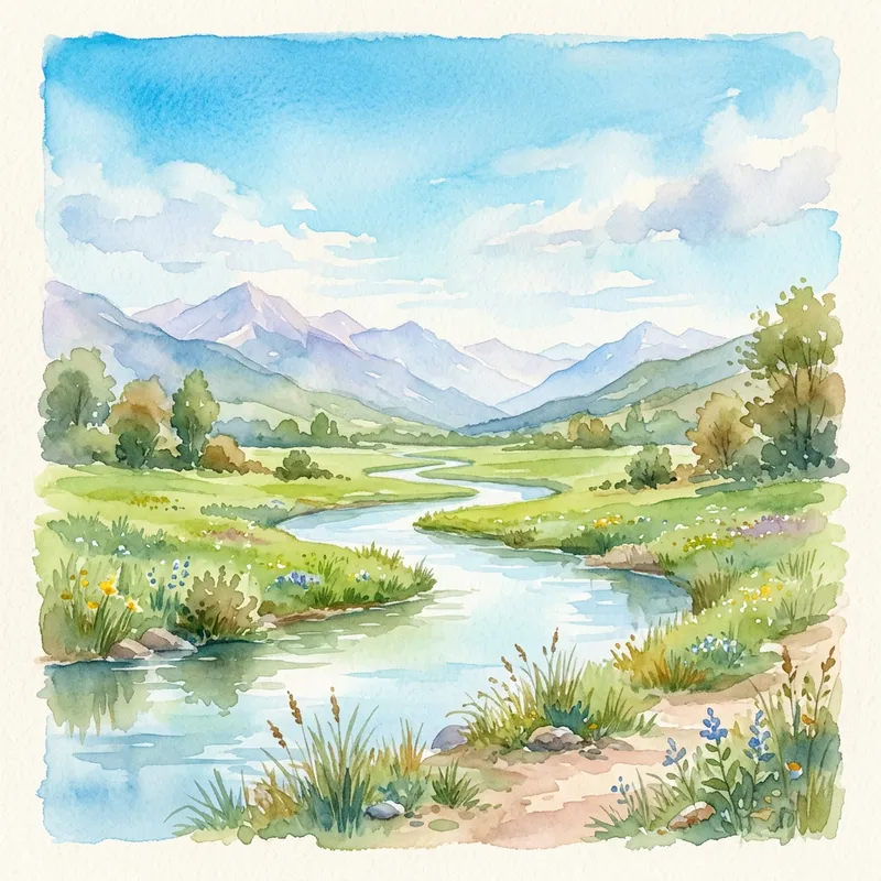 Tranquil Watercolor Landscape Creation: Scenic Meadow View