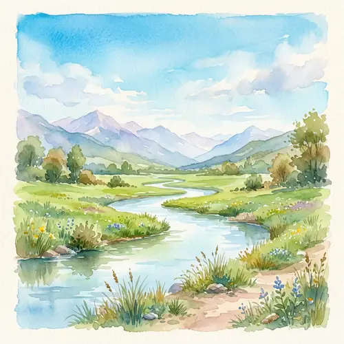 Tranquil River & Lush Meadow: Watercolor Landscape Painting
