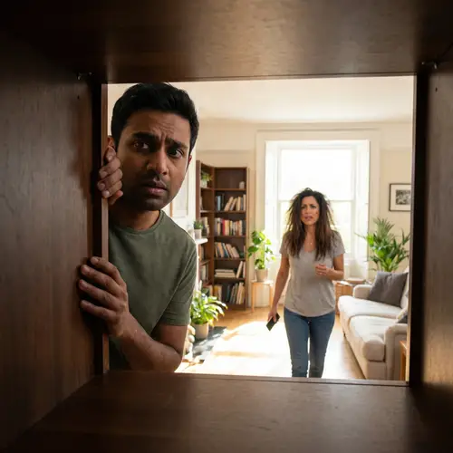 Tense Home Scene: Man Hiding in Cupboard, Woman Flustered