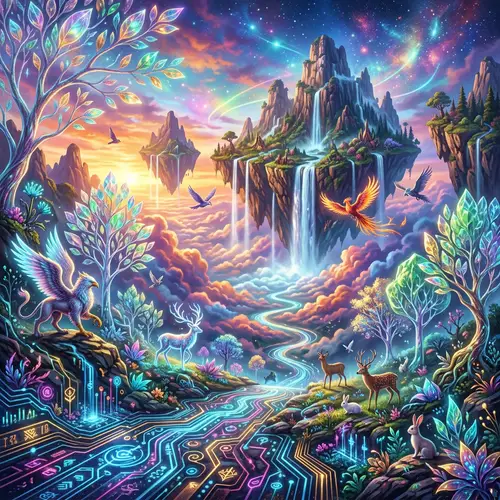 Surrealistic Landscape: Floating Mountains, Mystical Creatures, Digital Art