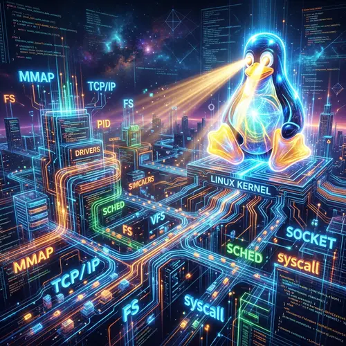 Futuristic Linux Kernel: Abstract Sci-Fi Landscape with Tux Statute