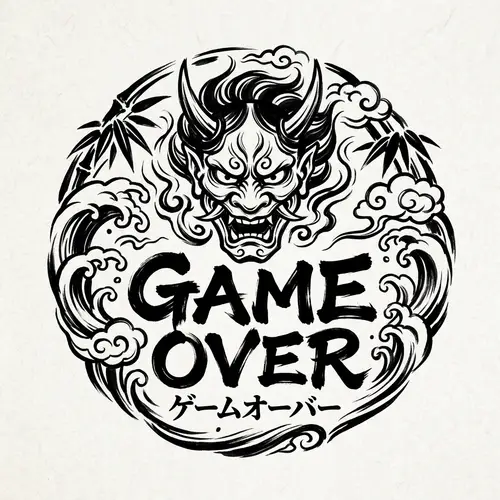 Japanese Style Black and White Logo for Game Over Development Team