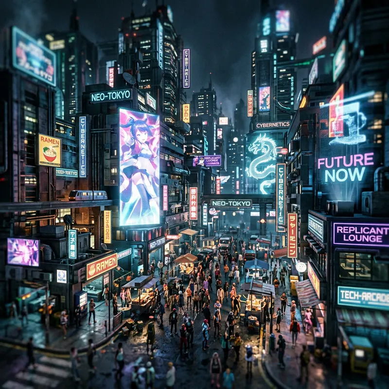 Neon Cyberpunk Cityscape with Holographic Billboards - Miniature Effect