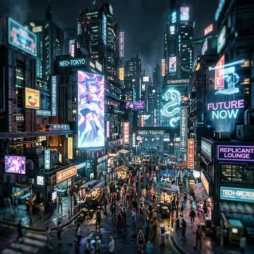 Futuristic Cyberpunk Cityscape with Neon Lights & Holographic Billboards