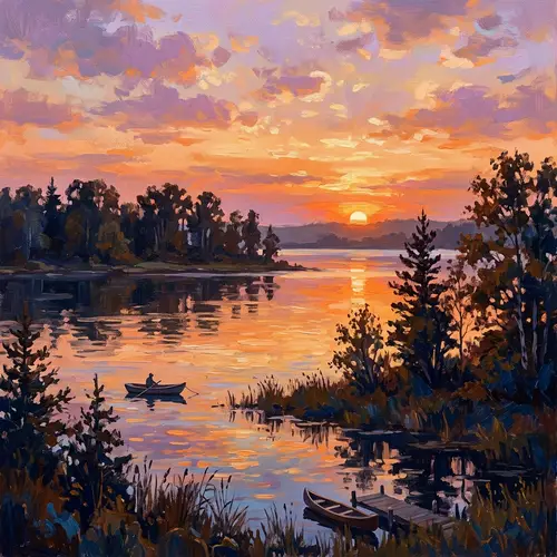 Tranquil Sunset Over a Calm Lake - Impressionist Art
