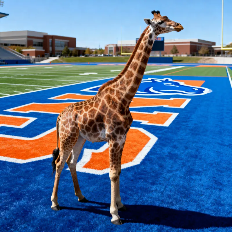 Giraffe on Boise State Turf - Unique Wildlife Scene