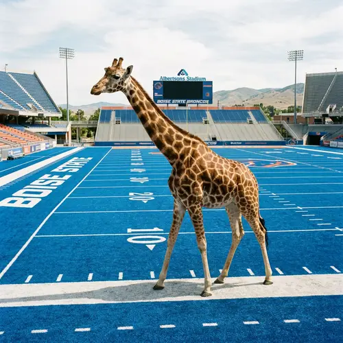 Giraffe on Boise State Turf - Unique Wildlife Scene