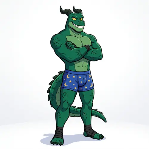 Muscular Dragon Demi-Human in Tight Boxers | Colorful Cartoon Art