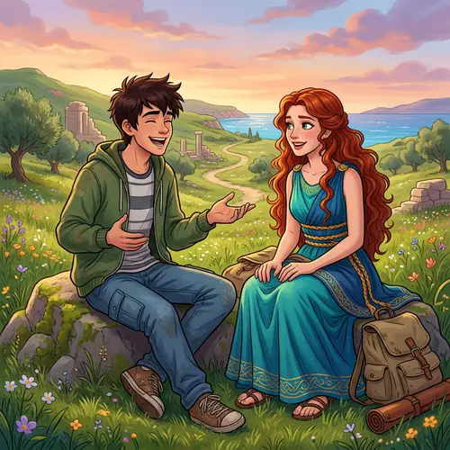 High School Student with Spiky Hair and Fictional Woman in Ancient Greek Dress