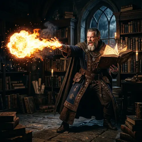 Wizard Casting Fireball from Spellbook