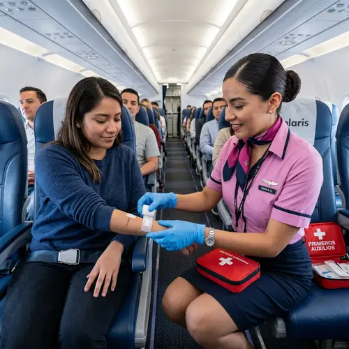 Professional Volaris Airline Flight Attendant Providing First Aid
