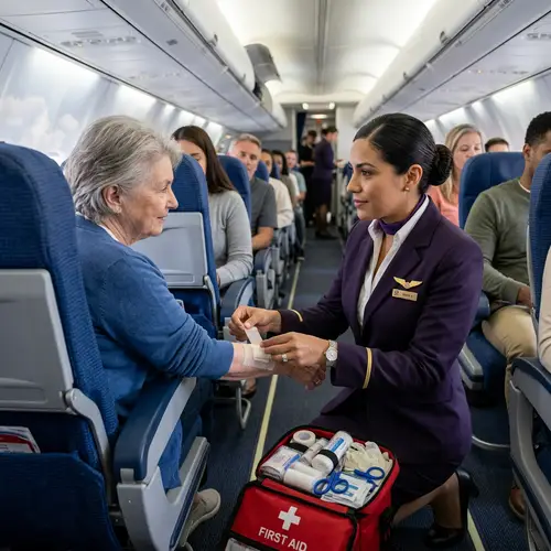 Female Flight Attendant Providing First Aid Assistance