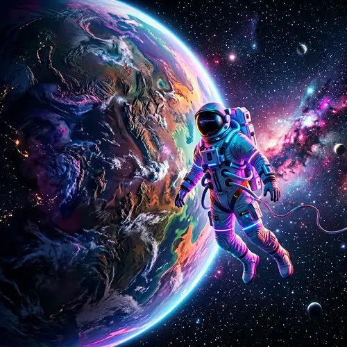 Futuristic Astronaut Floating in Space Near Planet | Sci-Fi Scene