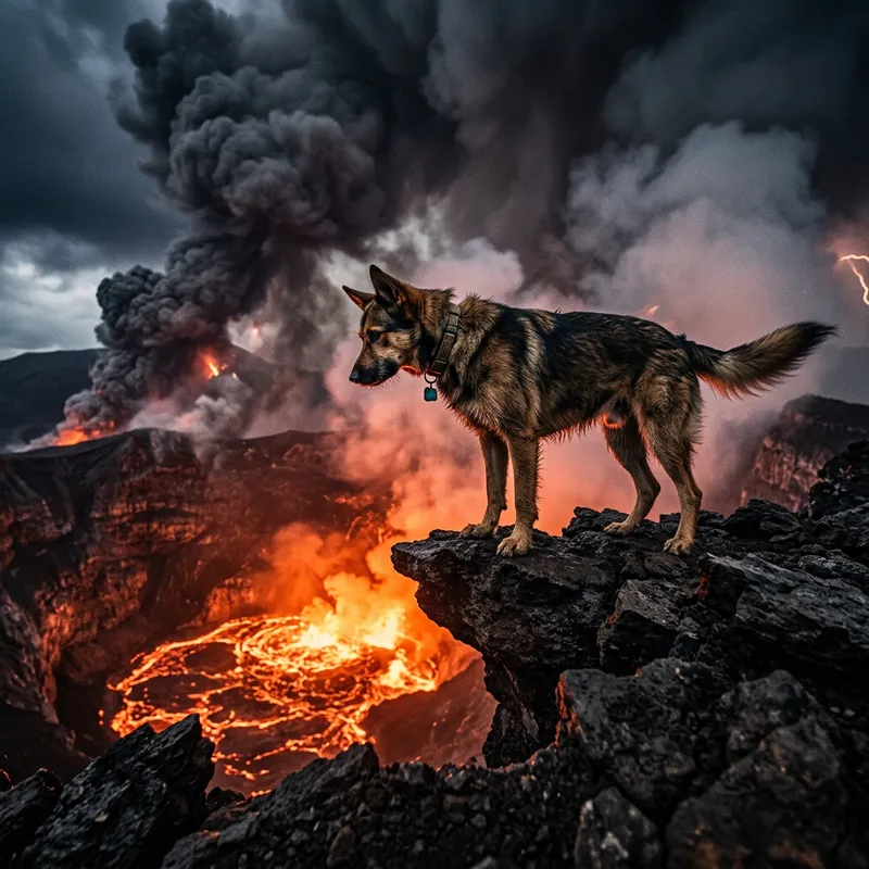 Fearless Dog at Volcano Edge | Erupting Volcano Scene