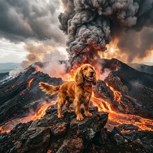Cocker Spaniel Dog on Erupting Volcano