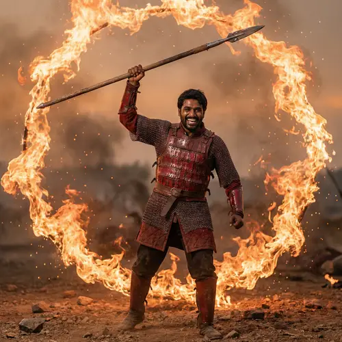 Laughing Duelist in Red Chainmail Surrounded by Fire